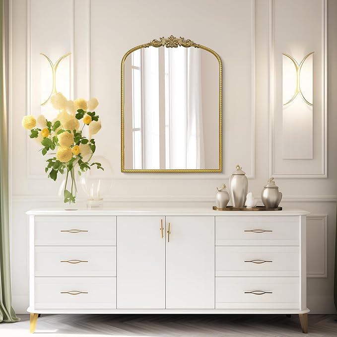WallBeyond Gold Vintage Mirror - 22x30 Inch, Arched Antique Mirror with Ornate Frame for Bathroom, Living Room, Fireplace, Entryway