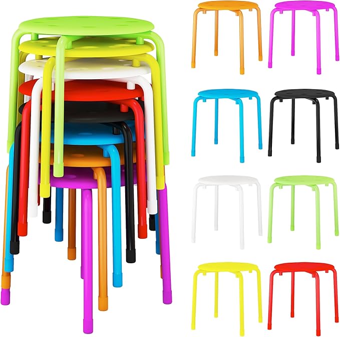 VECELO Stackable Stools for Classroom, 12" Height Plastic Portable Stacking Stool Chairs with Non-Slip Foot Mats for School Daycare Kindergarten Living Room (8 Pack)