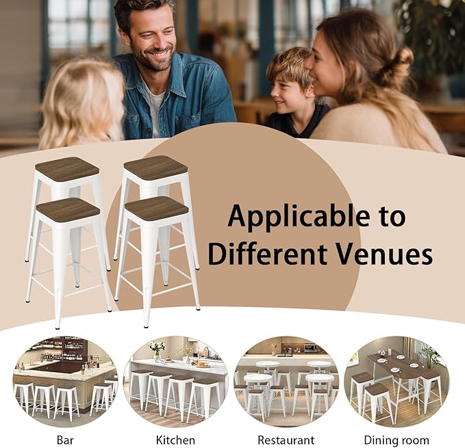 30 inch Backless Bar Stools Set of 4, Indoor Metal Bar Stools with Wood Seat, Industrial Counter Height Barstools for Kitchen Island, White