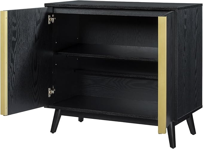 Sango Cortland 2-Door Accent Cabinet, Sleek Black Storage Cabinet with Brass Handles, Adjustable Shelf, Minimalist Mid-Century Modern Design, Stylish & Functional Furniture for Living or Dining Room