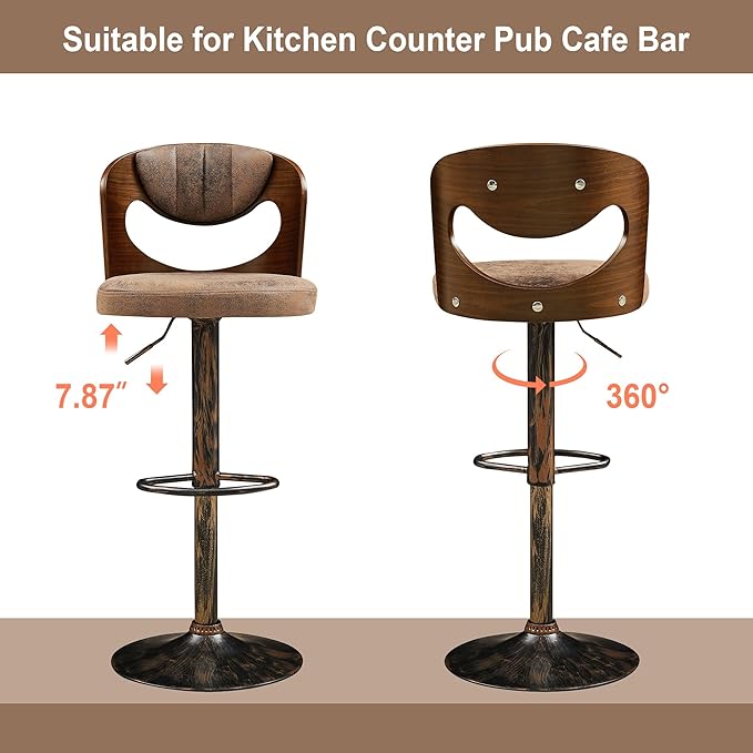 VECELO BarStools Set of 4,Kitchen Island Stools with Bentwood Back,Arm&Footrest,Counter Height Bar Chairs PU Leather Cushion Seat Adjustable Height 360°Swivel,Island Chairs for Club Pub,Rustic Brown