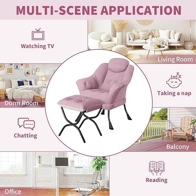 IDEALHOUSE Lazy Chair with Ottoman - Modern Living Room Chairs for Small Spaces, Ergonomic Reading Chair with Armrests, Comfy Chair with Ottoman for Bedroom & Living Room, Pink