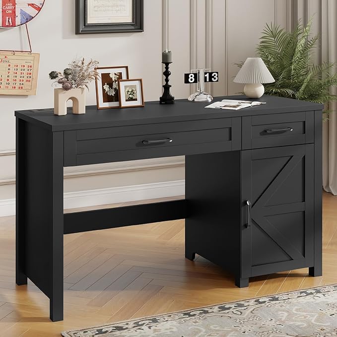 Farmhouse 47" Executive Desk, Computer Desk with Drawers and Storage Cabinet, Workstation Computer Desk for Home Office, Study.(Pure Black)