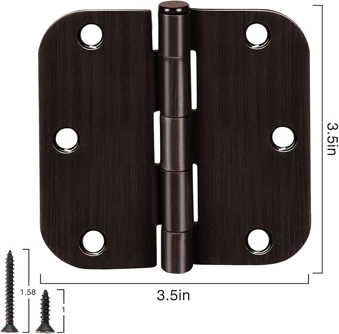 12 Pack Oil Rubbed Bronze Door Hinges 3.5" x 3 1/2 Inch Black Brushed Interior Hinge Rounded 5/8" Radius Corner 3 ½"Iron Residential Standard Bedroom Bifold Single Double Doors Hardware Kit