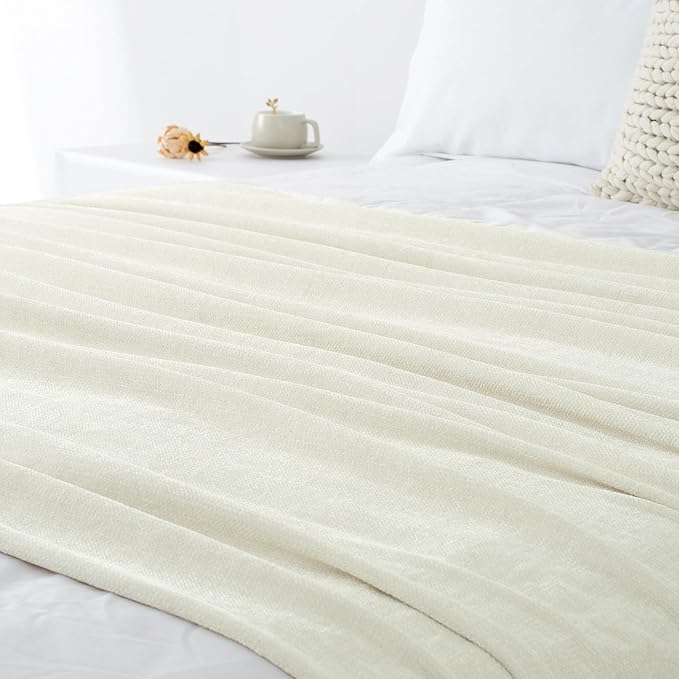 Chenille Throw Blanket for Couch 50"X 60", Soft Cozy Throws with Fringe Tassel for Bed Sofa Chair Cover, Lightweight Knitted Decorative Boho Blankets for Living Room, Ivory White