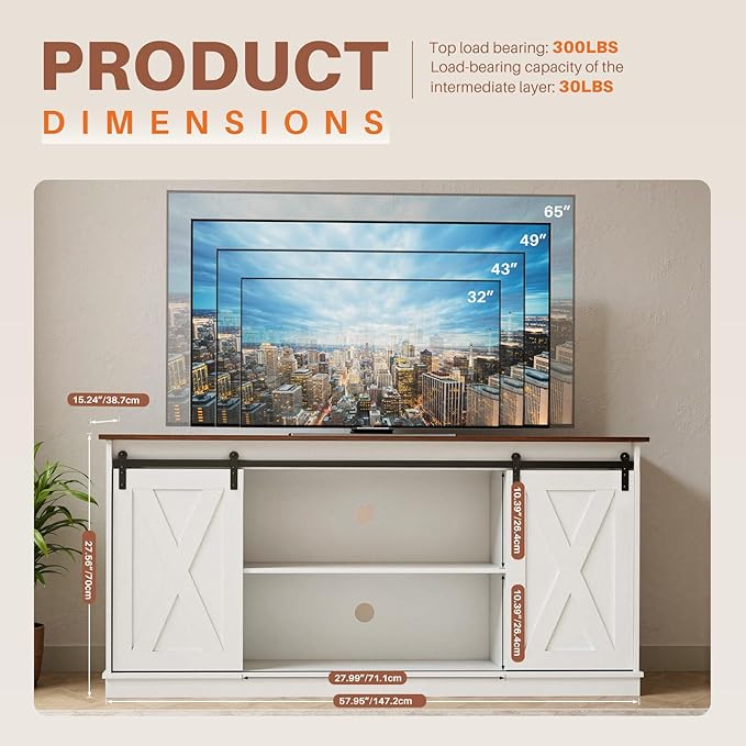 Sweetcrispy Farmhouse TV Stand for Living Room Bedroom White 65 Inch, Tall Entertainment Center with Storage Shelves, Media Console Cabinet with Wood Board, 300 LBS Capacity, and Sliding Barn Door
