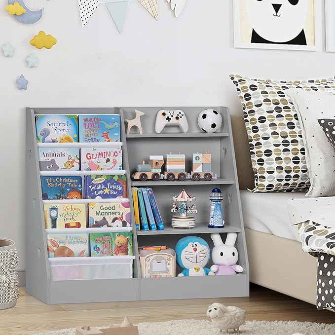 Lerliuo 4 Tier Kids Bookshelf and Storage Organizer, Five Layer Sling Children Bookcase, Baby Toddler Wooden Book Shelf, Display Cabinet for Playroom, Bedroom, Classroom, Nursery, School (Grey)