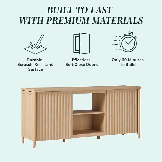 Walker Edison Scandinavian Reeded TV Stand with Storage for up to 70" TV Coastal Oak