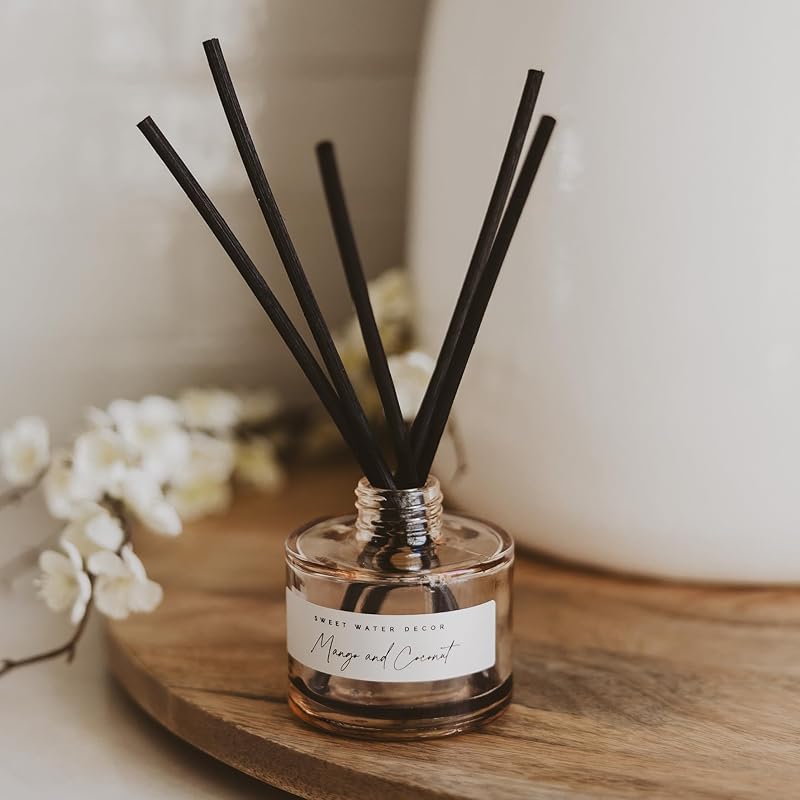 Sweet Water Decor Mango and Coconut Reed Diffuser – Room Decor Aesthetic with Long-Lasting Premium Fragrance of Mango, Pineapple, Orange, Peach, Coconut Milk for 4 Months – Ideal for Home Decor