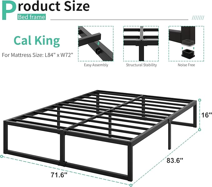 16 Inch California King Bed Frames No Box Spring Needed Heavy Duty Metal Cal King Platform for Mattress Foundation, Noise Free, Easy Assembly, Black
