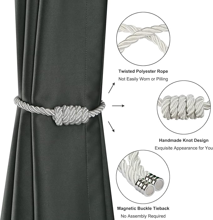 BEL AVENIR Magnetic Curtain Tiebacks, Decorative Drapery Holdbacks Modern Woven Tie-Backs with Exquisite Knot (White, 4 Pack)
