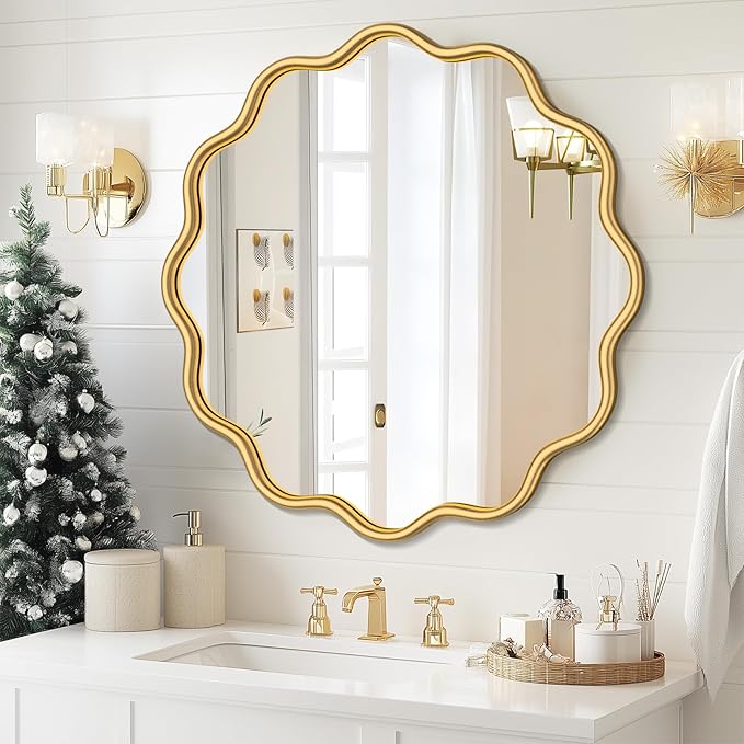 PROHOMEWARE Gold Round Mirror 28 Inch Wavy Bathroom Vanity Mirror Gold Frame Modern Wall Mirror Decorative Wall-Mounte Anti-Rust, Tempered Glass
