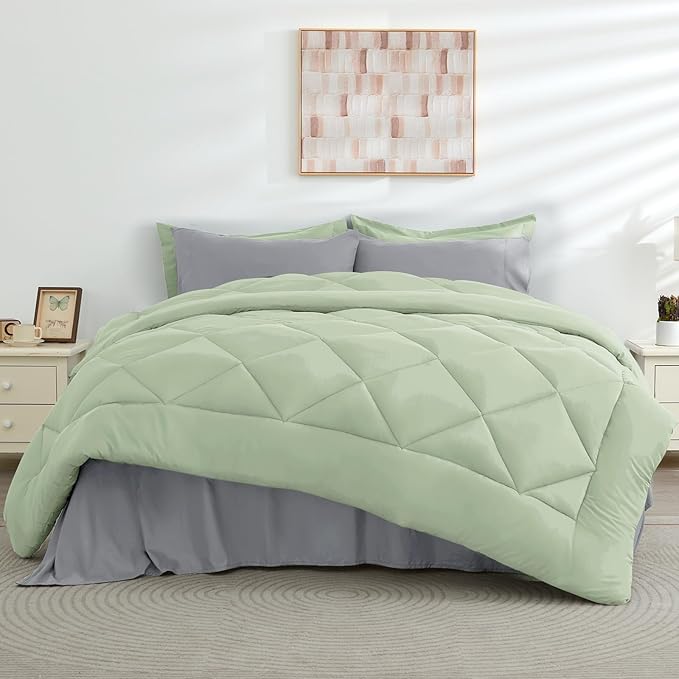 HEVUMYI Cali-King Comforter Set - 7-Piece All Season Bed in a Bag Cali-King, Ultra Soft Bedding Set with Comforter, Flat Sheet, Fitted Sheet, Pillowcases, Pillow Shams, Sage Green & Light Grey