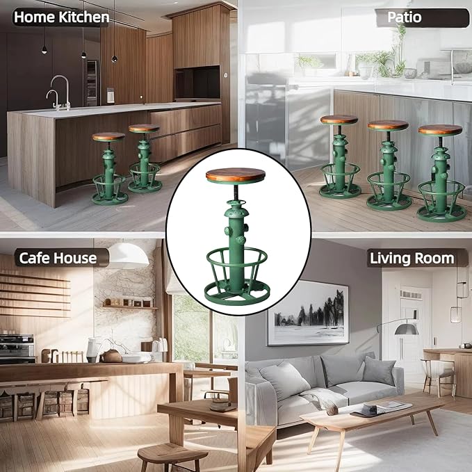 Vintage Bar Stool 24.8-30inch Counter Height Adjustable Industrial Coffee Chair with Swivel Wooden Seat Farmhouse Dinner Stools in Kitchen Dining Room