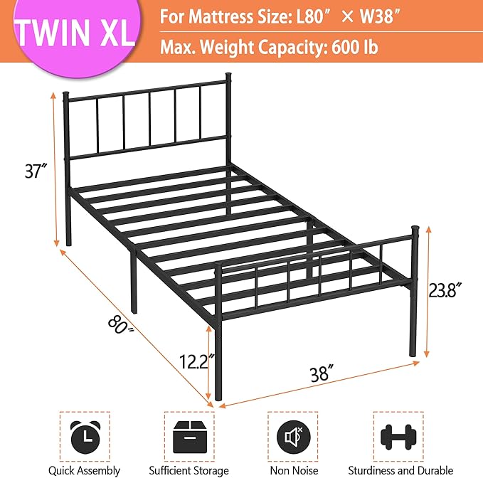 Twin XL Bed Frame-Classic Metal Platform Bed Frame,Mattress Foundation with Steel Slat Support,Under Foundation Storage,No Box Spring Needed, Easy Assembly,Twin XL Size