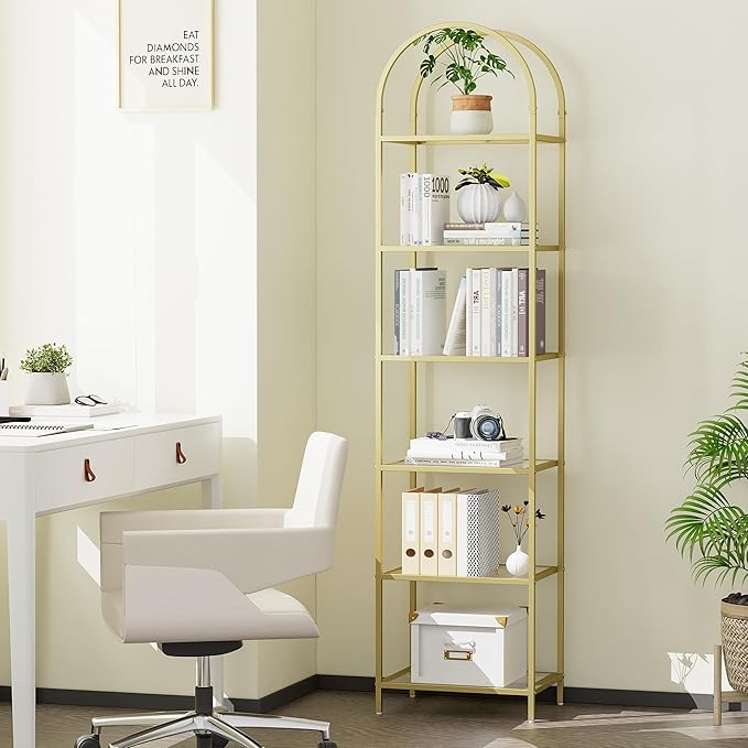 Homhedy Bookshelf Arched Display Racks,Metal Bookcase,Tempered Glass Shelves,Storage Rack Shelf for Home Office,Living Room,Bedroom, Bathroom,Modern Style (Golden, 11.8" D x 13.8" W x 68.1" H)