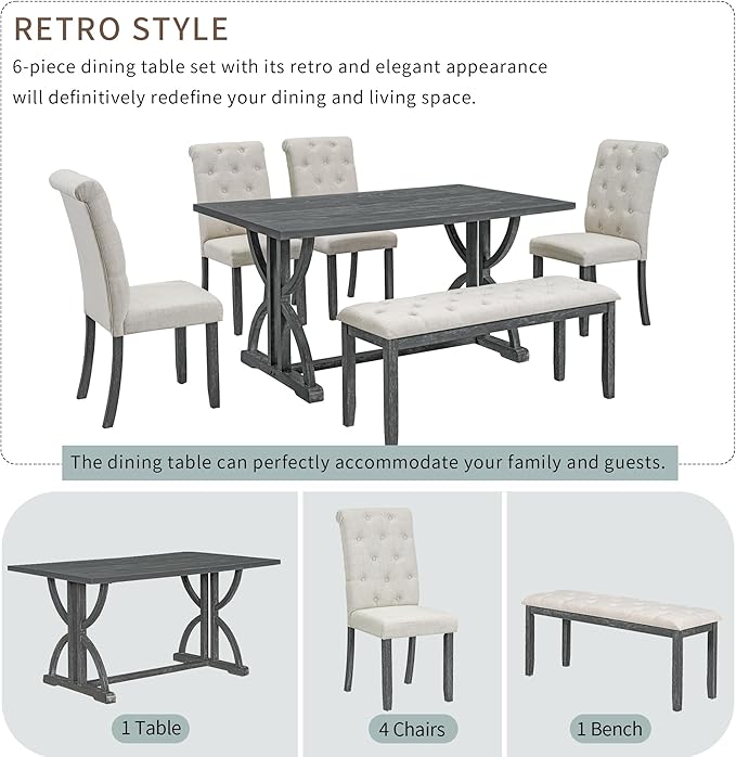Ball & Cast 6-Piece Dining Table Set, 60" Rectangular Dining Table with 4 Upholstered Chairs & 1 Bench for Dining Room and Kitchen Gray Wash