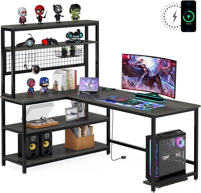Tribesigns 55" Large Computer Desk with Wireless Charging 5 Storage Shelves, Office Desk Study Table Writing Desk Workstation with Hutch Bookshelf for Home Office(Gray)