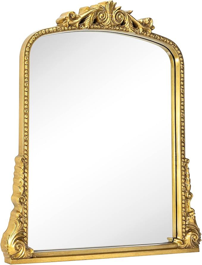 Antiqued Gold Ornate Mirror Arched Mantel Wall Mirror Baroque Inspired Bathroom Vanity Rectangle Wall Mounted Mirror, 30 x 34''
