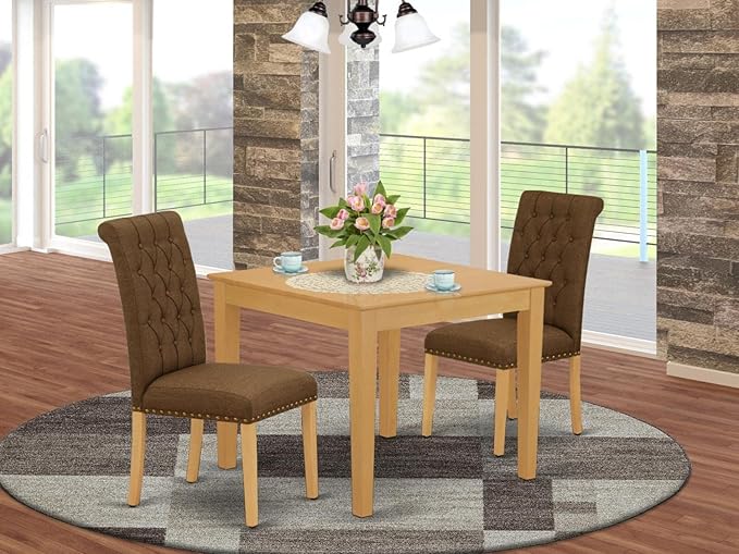 East West Furniture OXBR3-OAK-18 3 Piece Dinette Set for Small Spaces Contains a Square Dining Room Table and 2 Brown Linen Linen Fabric Upholstered Chairs, 36x36 Inch, Oak