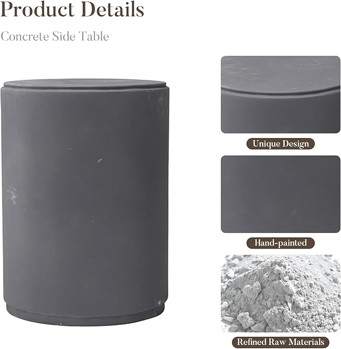 COSIEST 21" Outdoor Side Table, Weather-Resistant Round Concrete End Table for Patio,Durable Small Outside Tables Accent Stool for Garden, Porch, Deck, Balcony & Beach，Cement Gray