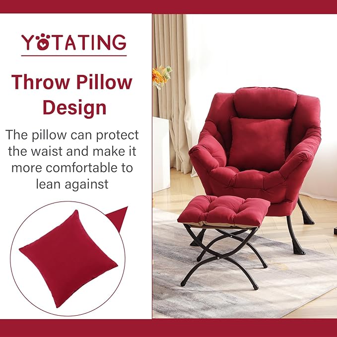 Lazy Chair with Ottoman, Comfy Reading Lounge Chair with Footstool & Throw Pillow Modern with Armrests & Side Pocket for Living Room, Bedroom, Dorm Room, Burgundy