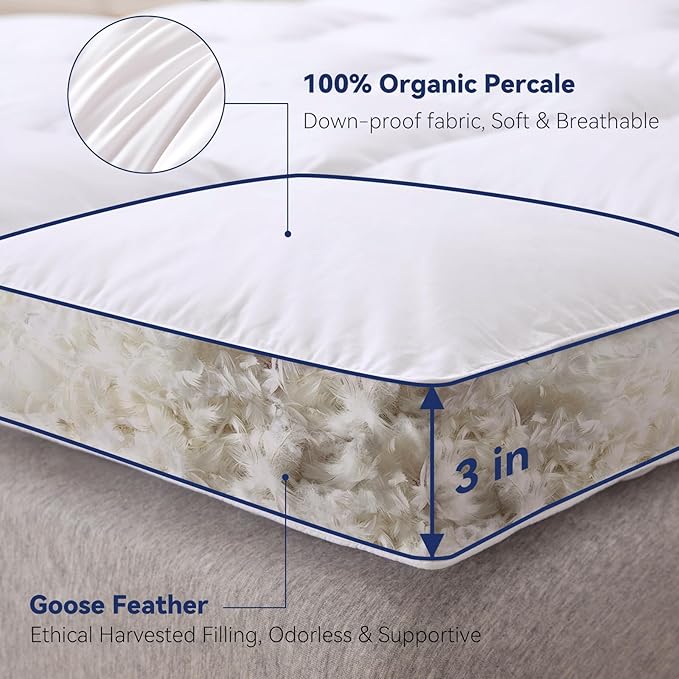 3 Inch White Goose Feather Mattress Topper,Queen Feather Bed Topper,Mattress Cover with Straps,Ultra Soft Pillowtop,100% Organic Cotton Fabric(60”x80”)