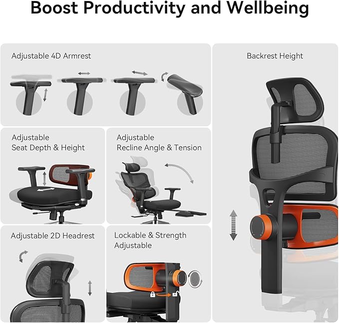 Newtral Office Chair Ergonomic - Home Office Desk Chair, Auto-Following Lumbar Support, 4D Armrest, Seat Depth and Height Adjustable for Long Time Sitting (with Footrest, Black)