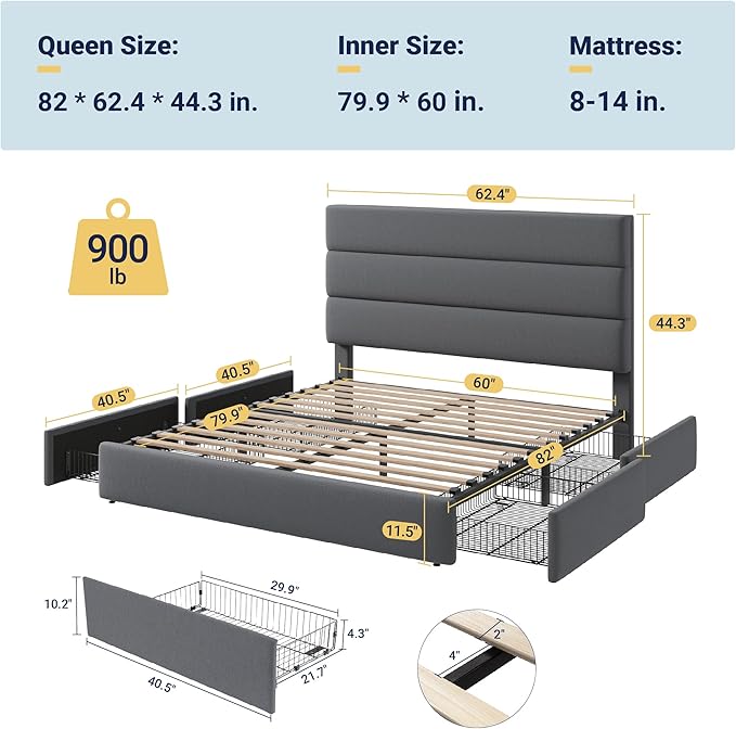 Allewie Modern Queen Size Platform Bed Frame with 4 Storage Drawers and Velvet Upholstered Headboard, Wooden Slats Support, Upholstered Mattress Foundation/No Box Spring Needed/Easy Assembly, Grey