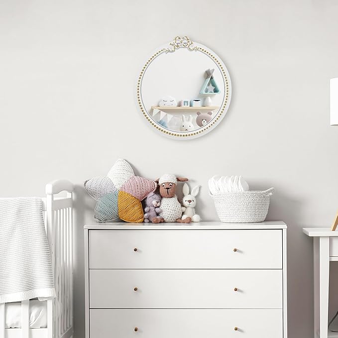 Vintage Round Wall Mirror 11.8inch Small Farmhouse Wooden Vanity Mirror for Wall Decor, Decorative Antique White Nursery Mirrors, Traditional Art Home Bow Decor for Living Room,Bedroom