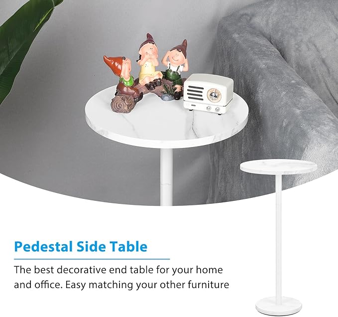 Round End Table with Marble Base Drink Tables for Small Spaces Pedestal Table Small Round Side Table for Sofa Couch Chair Patio, White