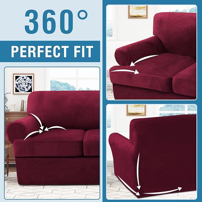 H.VERSAILTEX Sofa Cover 3 Piece T Cushion Sofa Slipcovers Thick Velvet Couch Cover Furniture Protector Stretch T Cushion Sofa Covers for 2 Cushion Couch with 2 Individual T Cushion Covers, Burgundy