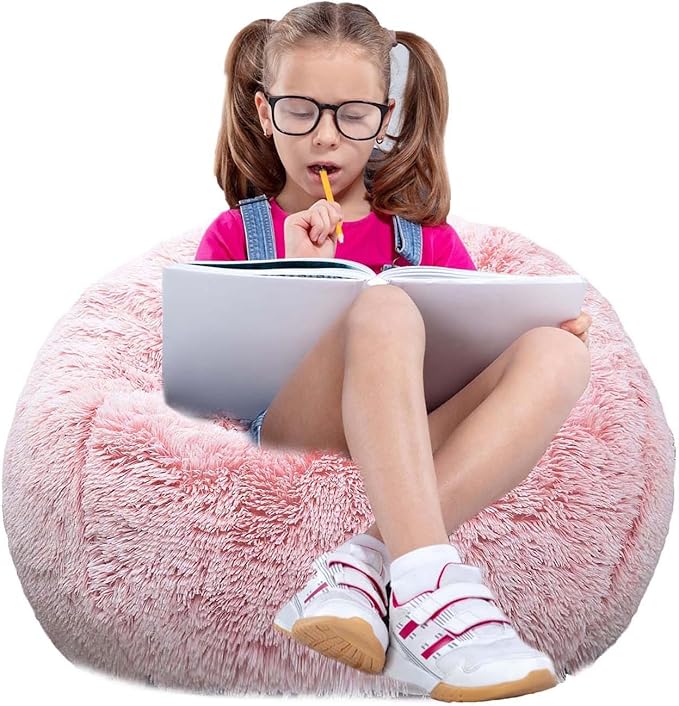 Fluffy Bean Bag Chair for Kids, 2.5FT Round Memory Foam Filled Bean Bag for Teens & Kids, Ultra Soft Faux Fur Fabric Bean Bag Chairs for Playroom, Living Room, Bedroom,Pink
