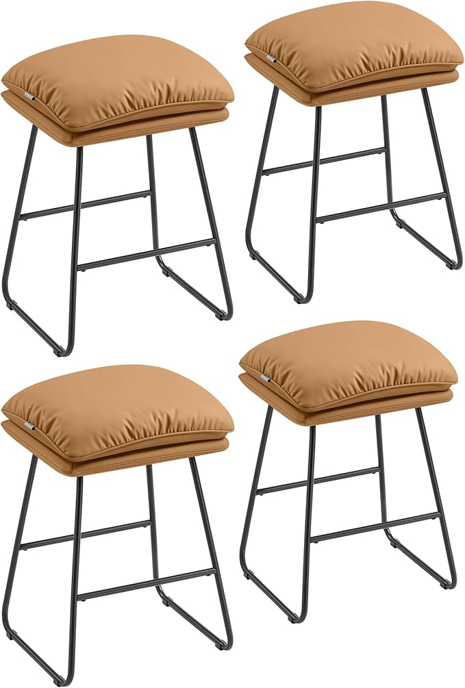 VASAGLE Bar Stools Set of 4, Counter Height Bar Stools, Leather Counter Stools Barstools with Soft Cushion and Metal Sled Legs, 25.6 Inches Bar Height Bar Chairs for Kitchen Island, Caramel Brown
