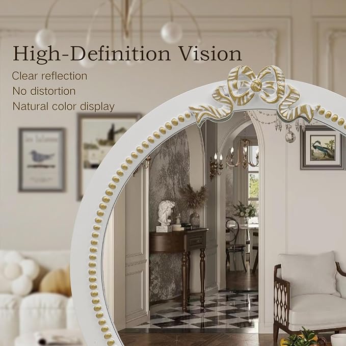 Vintage Round Wall Mirror 23.6inch Farmhouse Wooden Vanity Mirror for Wall Decor, Decorative Antique White Bathroom Mirrors, Traditional Art Home Bow Decor for Dressing Table, Living Room or Bedroom