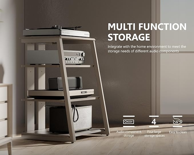 FITUEYES Design 4-Tier AV Media Stand Corner Shelf Stand Wooden Corner Shelves Component Cabinet Stereo Rack Audio Tower with Height Adjustable Wooden Shelves for Xbox One/ps4 (Khaki)