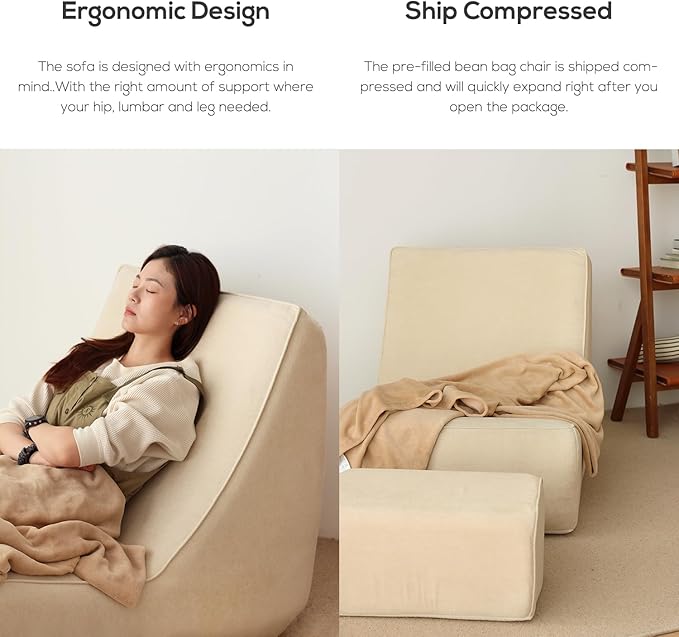N&V Bean Bag Chair Single Seated Foam Sofa Armless Floor Sofa with High Density Foam Removable and Machine Washable Cover (Champagne, Large, No Stripes)
