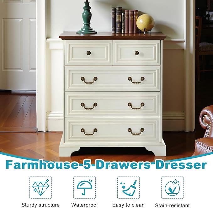 31.5" Farmhouse Sideboard Buffet Cabinet with Storage, Kitchen Buffet Storage Cabinet with 5 Drawers, Modern Wood Accent Sideboard for Living Room, Kitchen, Hallway(Antique Brown+White)