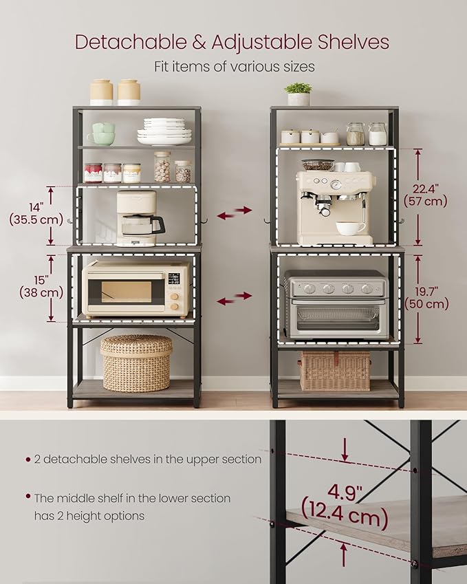 VASAGLE Coffee Bar, Baker’s Rack for Kitchen with Storage, 6-Tier Kitchen Shelves with 6 Hooks, Microwave Stand, Industrial, 15.7 x 23.6 x 65.7 Inches, Greige and Black UKKS024B02