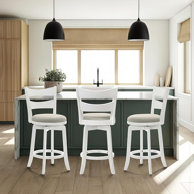Armen Living Blair 26 in. Matte White Counter Height Rubberwood Swivel Barstool with Fog Fabric Seat - Set of 4