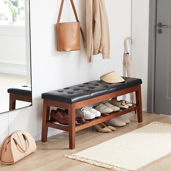 Upholstered Shoe Bench Entryway Bench for Bedroom, End of Bed, Ottoman Bench Tufted Padded Seat with Solid Wood Shelf for Living Room, Faux Leather Black