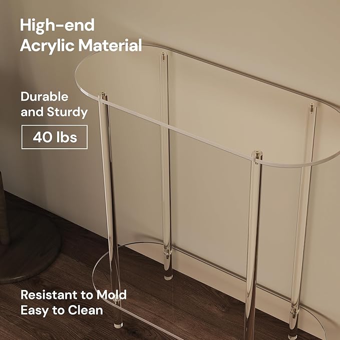 Acrylic Console Table, Oval, 29.5" Small Entryway Table, Clear Entry Table for Sofa, Foyer, Hallway, Living Room, Easy Assembly, 2 Tier, 11.8" D x 31.5" H