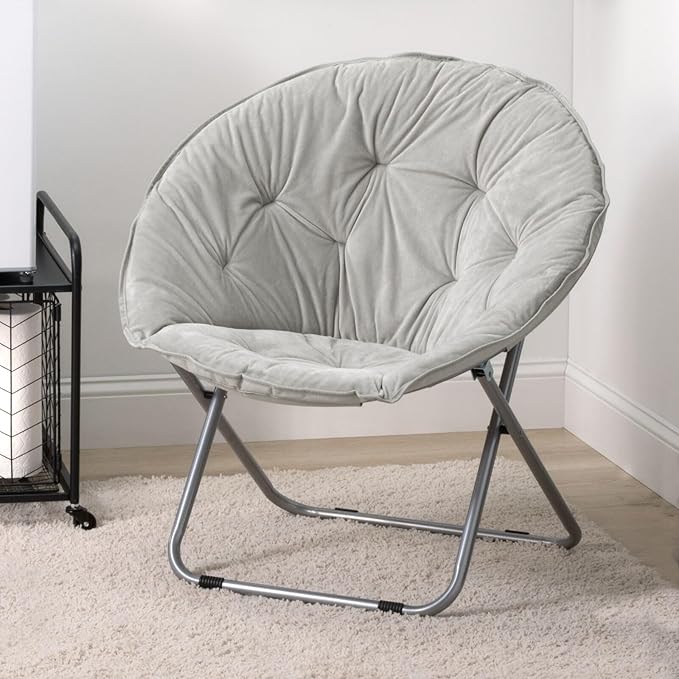 mDesign Urban Papasan Folding Moon Chair - Large Saucer UFO Chair with Collapsible Metal Frame - Fuzzy Foldable Dish Seat for Home Office, Living Room, Dorm Room, and Bedroom - Gray/Silver