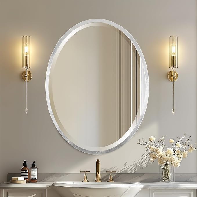 OVALCREST - Oval Wooden Beveled Wall Mirror for Home Decor, Bathroom, Vanity, Bedroom, Living Room, Hallway - London Style (Silver Leaf with Brown Antique) 21.1 x 31.1