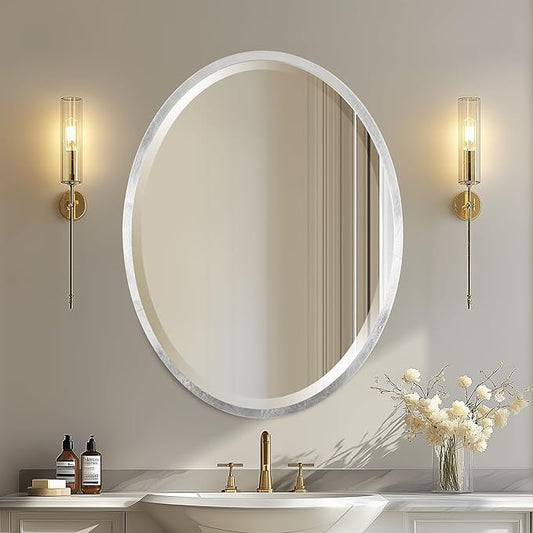 OVALCREST - Oval Wooden Beveled Wall Mirror for Home Decor, Bathroom, Vanity, Bedroom, Living Room, Hallway - London Style (Silver Leaf with Brown Antique) 21.1 x 31.1
