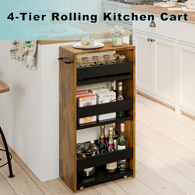 MARTY Rolling Storage Cart 7.9" W, 4-Tier Narrow Kitchen Cart with Wheels Handle, Slim Storage Mobile Shelving Utility Carts for Bathroom Laundry Room Organization Small Spaces(Rustic Brown)