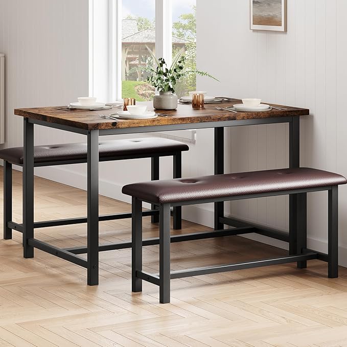 Garvee Dining Table with 2 Benches, Kitchen Table with 2 Upholstered Benches Rectangular Space Saving for Apartment, Dining Room, Kitchen, 44.5 Inches Large, Rustic Brown