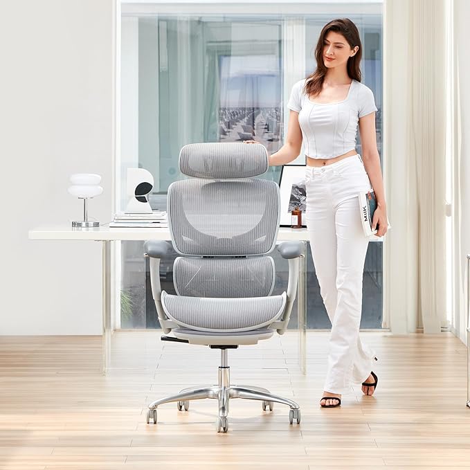 COLAMY Ergonomic Mesh Office Chair with Footrest, Executive High Back Computer Desk Chair with Wide Headrest and Adjustable 3D Arms, Backrest Height, Tilt Lock and Lumbar Support, Grey
