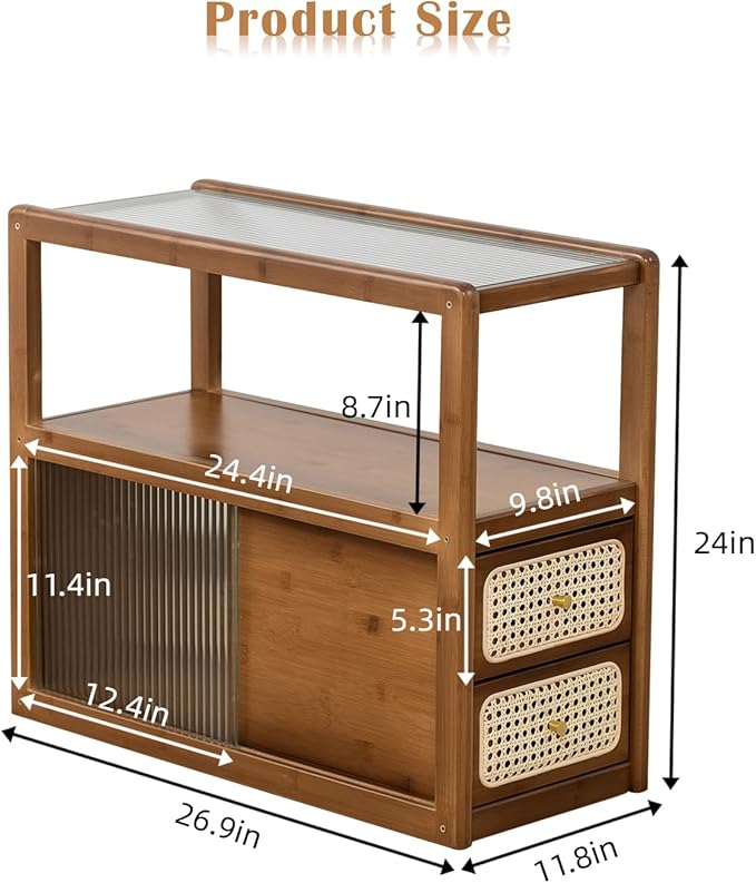 Bamboo Side Table Nightstand with Rattan Drawer & Glass Top – Multi-Function End Table, Nightstands with Storage for Bedroom, Living Room, and Small Spaces, Walnut