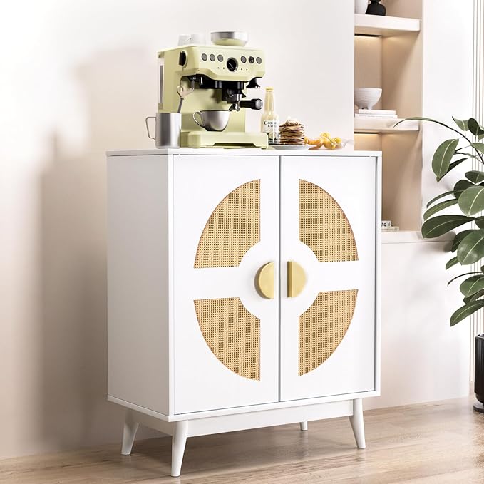 Buffet Cabinet White with Storage, Kitchen Sideboard with Doors & Shelves, Rattan Accent Buffet Console Walnut Media Console Mid Century Coffee Bar Table for Living Room Kitchen Dining Room